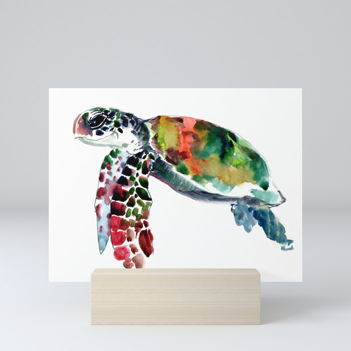 Sea Turtle Olive green, Sage green, Purple Turtle artwork Mini Art Print