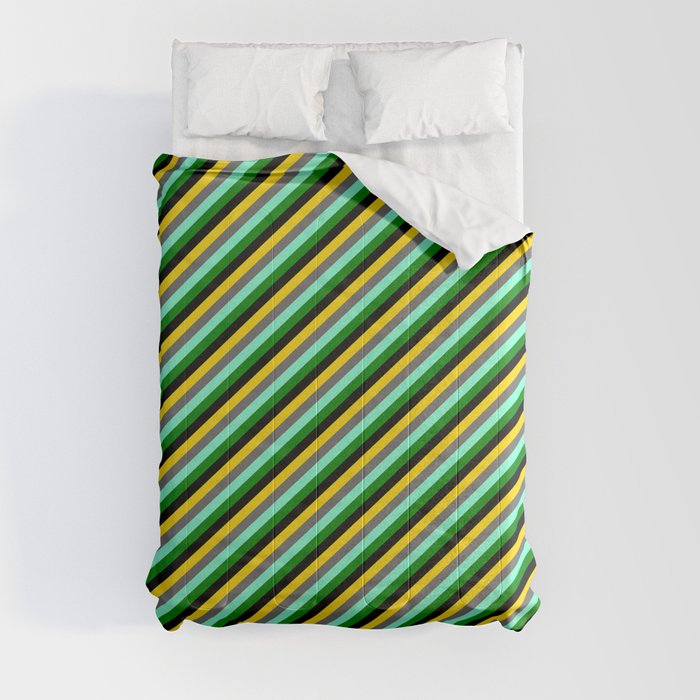 Eye-catching Yellow, Dim Gray, Aquamarine, Green & Black Colored Pattern of Stripes Comforter