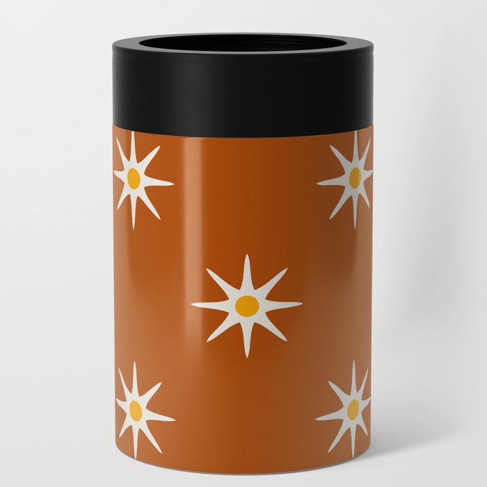 Atomic mid century retro star flower pattern in orange background Can Cooler