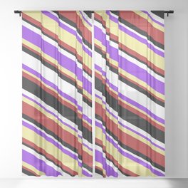 [ Thumbnail: Colorful Purple, Tan, Red, Black & White Colored Stripes Pattern Sheer Curtain ]