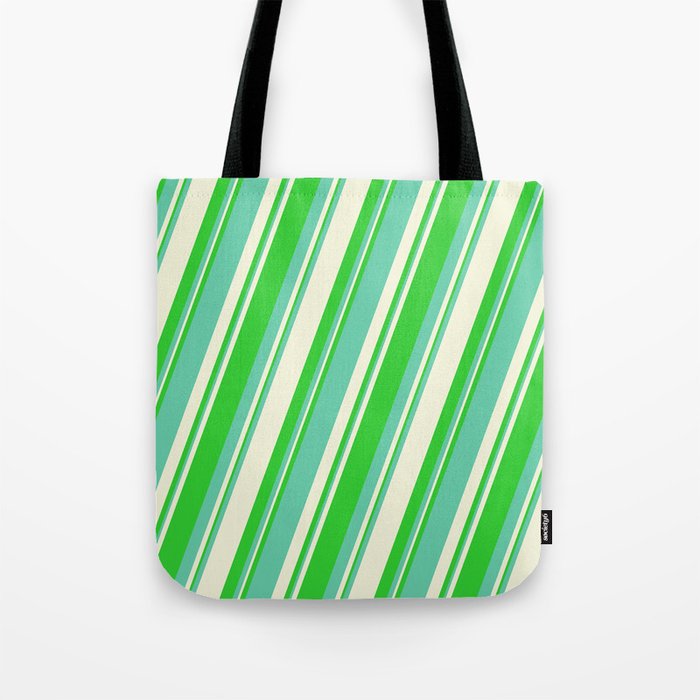 Lime Green, Aquamarine & Beige Colored Stripes/Lines Pattern Tote Bag
