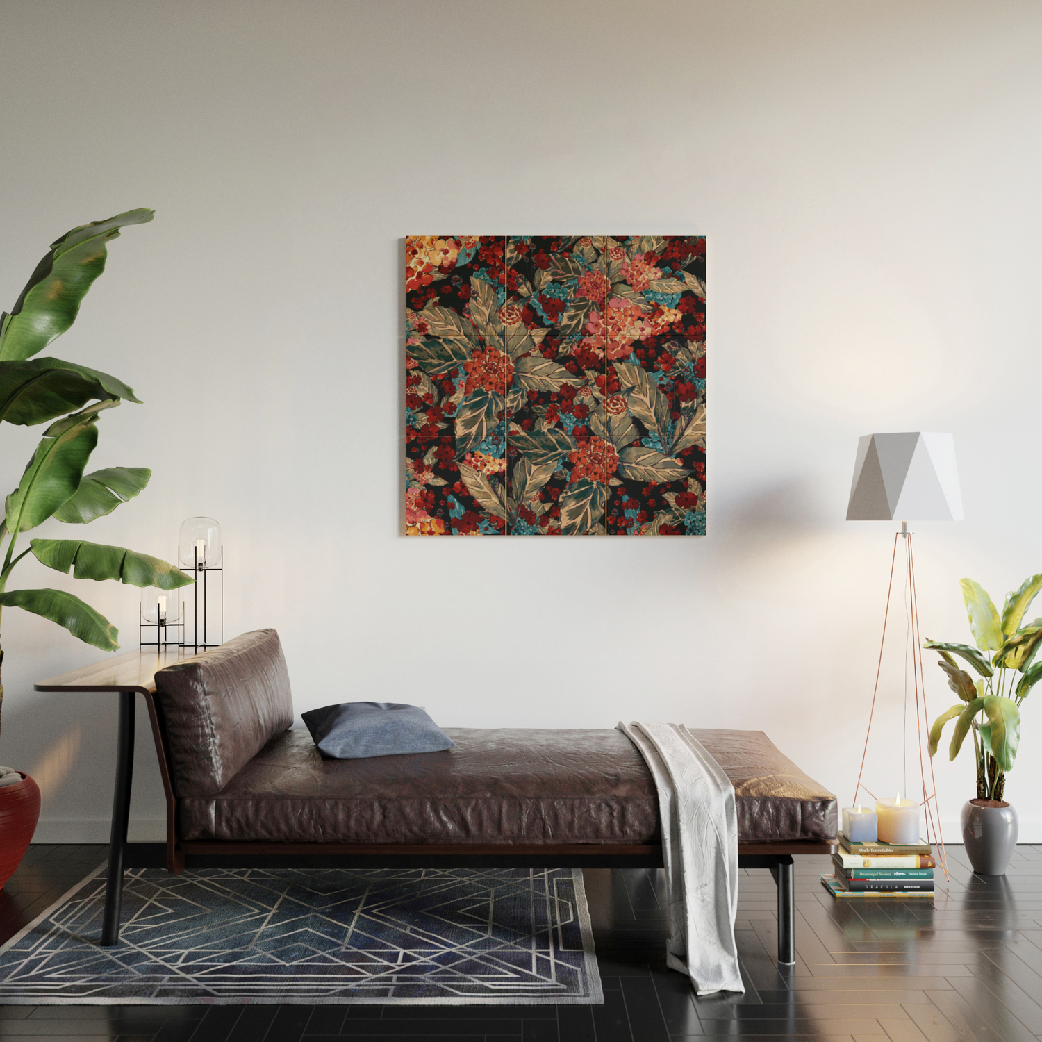 Deep Moody Floral Watercolor Dark Red Rich Dark Blue And Brown Wood Wall Art By Mab