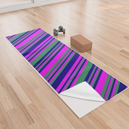 [ Thumbnail: Sea Green, Fuchsia, and Blue Colored Lined/Striped Pattern Yoga Towel ]