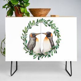 Watercolor Painting Kissing Penguins in Mistletoe Wreath for Valentine's Day, Christmas Credenza