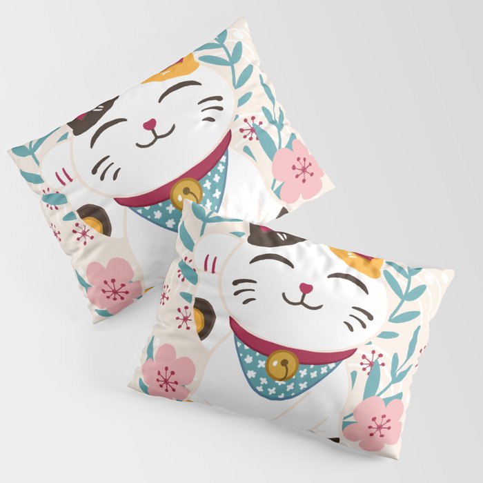 Japanese Lucky Cat with Cherry Blossoms Pillow Sham