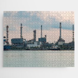 Oil refinery riverfront, vintage tone during sunrise Jigsaw Puzzle