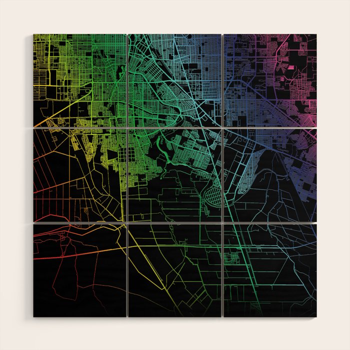 Mexicali, Mexico, City, Map, Rainbow, Map, Art, Print Wood Wall Art by