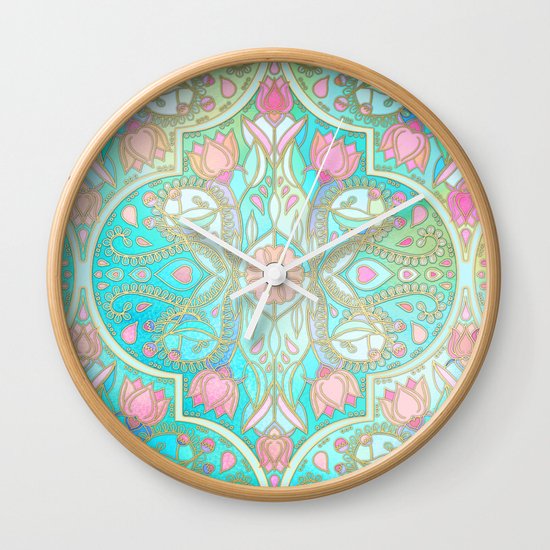 Floral Moroccan in Spring Pastels - Aqua, Pink, Mint & Peach Wall Clock