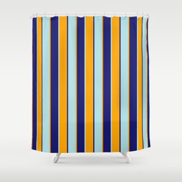 [ Thumbnail: Powder Blue, Midnight Blue, and Orange Colored Striped/Lined Pattern Shower Curtain ]