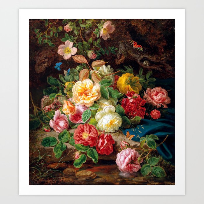 Still Life with Roses and Butterflies by a Brook in a Forest Josef Lauer Art Print