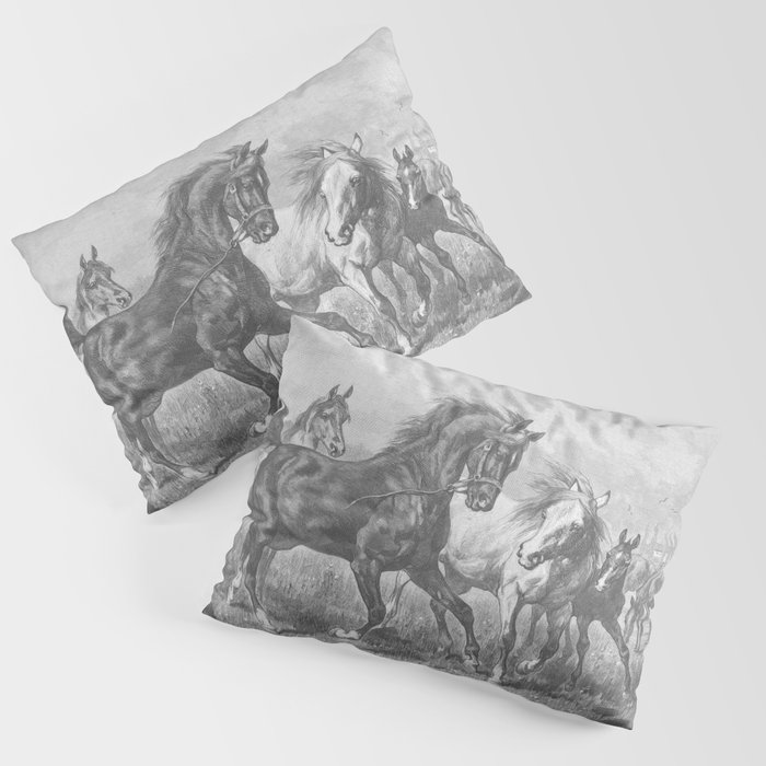 HORSES black & white illustration  Pillow Sham