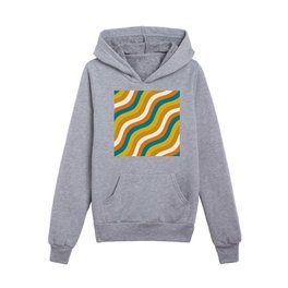 Wobbly Pop Stripes Retro Modern Diagonal Pattern Teal Blue Mustard Ochre Kids Pullover Hoodies