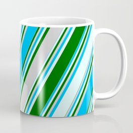 [ Thumbnail: Deep Sky Blue, Light Cyan, Dark Green & Light Gray Colored Lines Pattern Coffee Mug ]