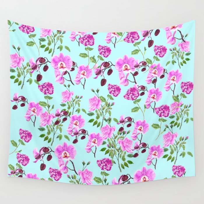 pink purple flowers watercolor painting Wall Tapestry