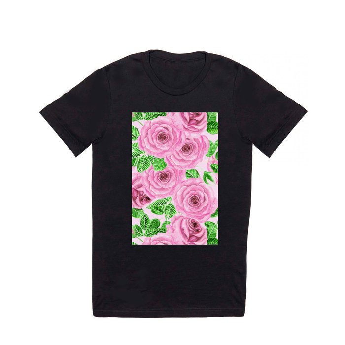 Pink watercolor roses with leaves and buds pattern T Shirt