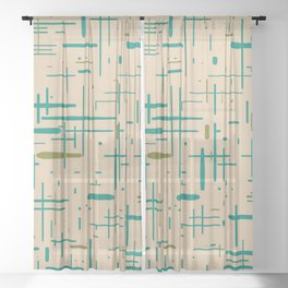 Mid-Century Modern Kinetikos Pattern in Midcentury Teal Beige Olive Sheer Curtain