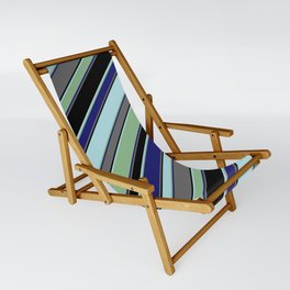 [ Thumbnail: Powder Blue, Dark Sea Green, Midnight Blue, Dim Gray, and Black Colored Striped/Lined Pattern Sling Chair ]