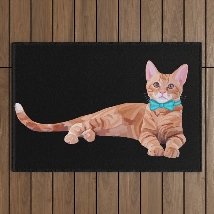 Ginger Cat with Teal Bow Tie  Outdoor Rug