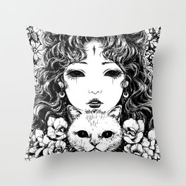 Gothic Manga Witch Cat Girl  Throw Pillow