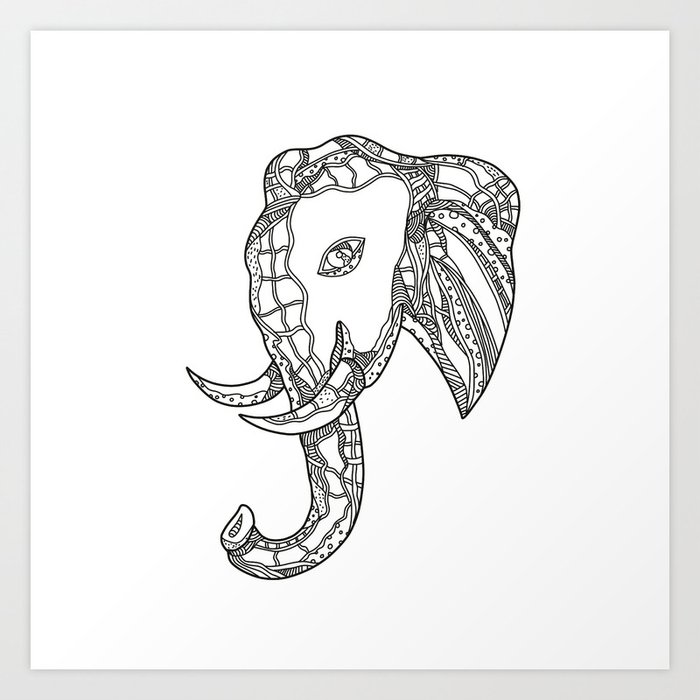 Bull  Elephant Head Doodle Art Art Print
