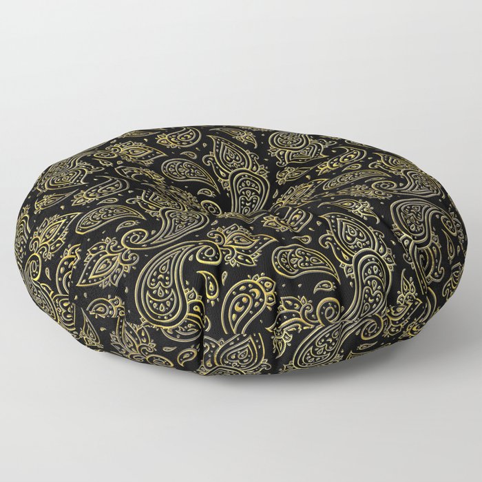 Golden Embossed Paisley pattern on black Floor Pillow