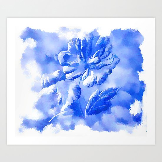 Cyan Painterly Flower Abstract Art Print