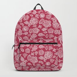 Lace flowers and leaves white on dark pink  Backpack