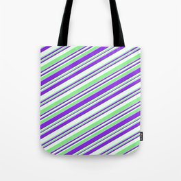 [ Thumbnail: Purple, Mint Cream & Light Green Colored Striped Pattern Tote Bag ]