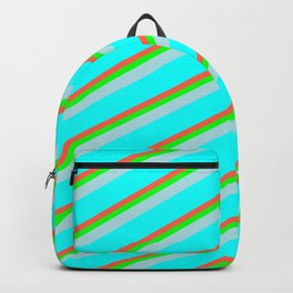 [ Thumbnail: Red, Lime, Powder Blue & Cyan Colored Lined/Striped Pattern Backpack ]