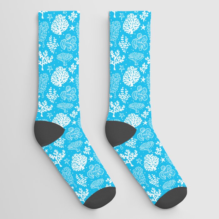Turquoise And White Coral Silhouette Pattern Socks