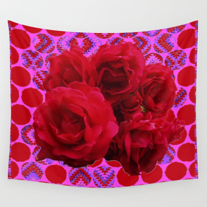 CLUSTER OF RED ROSES ON  RED-VIOLET ABSTRACT Wall Tapestry