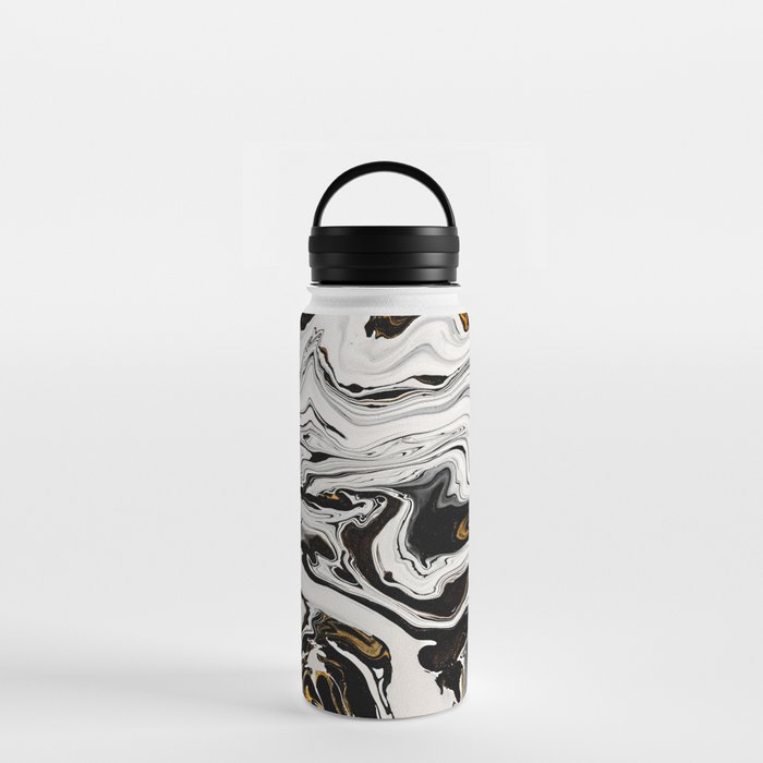 Black and Gold Liquid Paint Swirl Marble Pattern Water Bottle