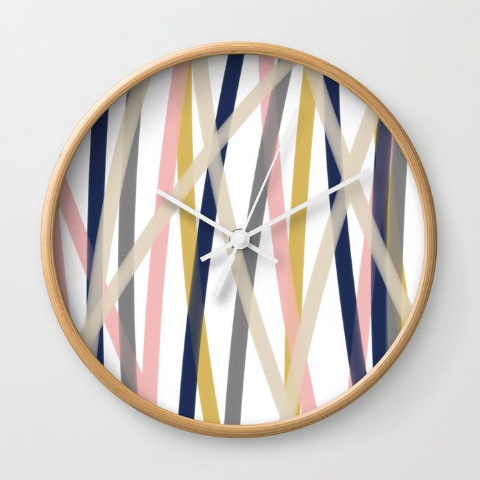 Ribbon Abstract in Mustard Yellow, Blush Pink, Navy Blue, Grey, Almond, and White Minimalist Modern Pattern Wall Clock
