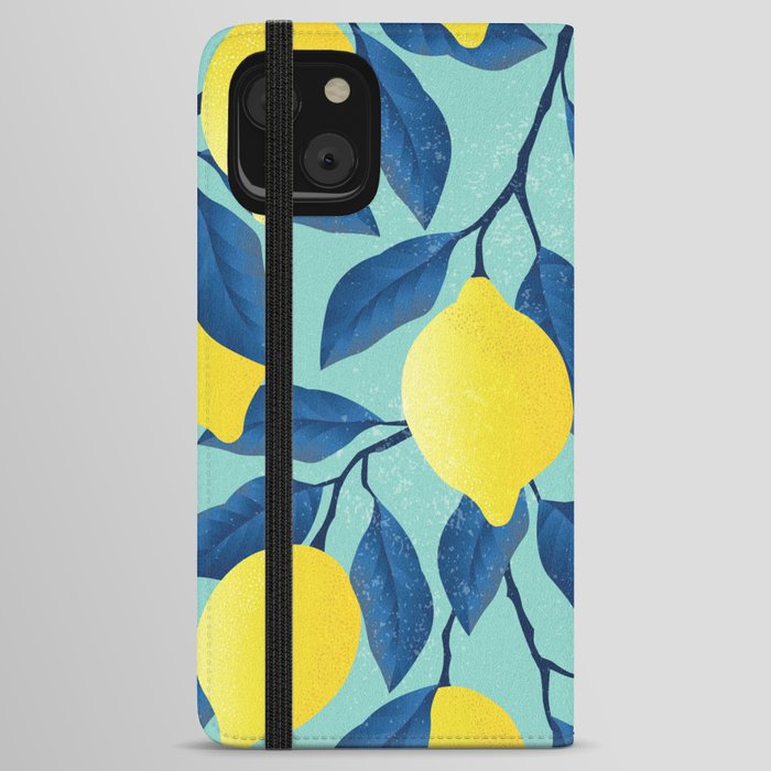 Vintage yellow lemon on the branches with leaves and blue sky hand drawn illustration pattern iPhone Wallet Case