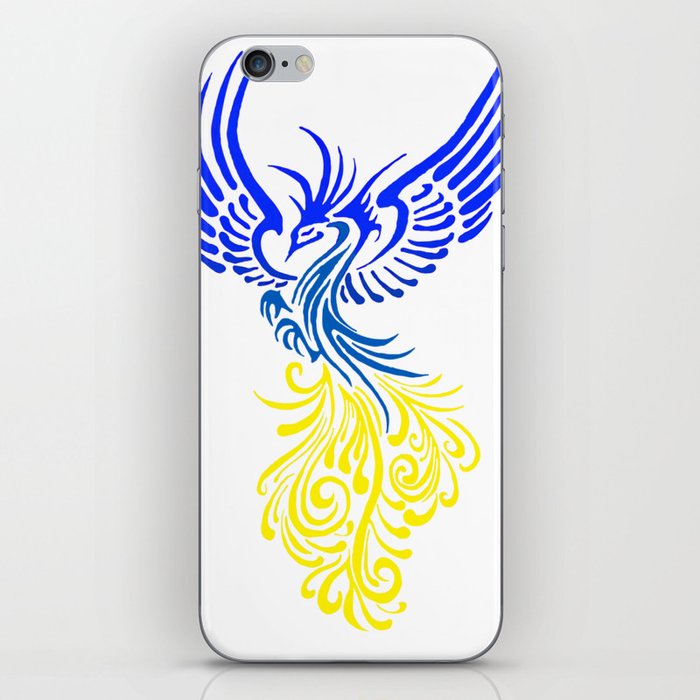 Blue Yellow Artistic Phoenix Illustration Repeat Pattern On Black iPhone Skin