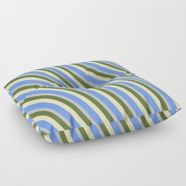 [ Thumbnail: Dark Olive Green, Beige, Cornflower Blue & Grey Colored Lines Pattern Floor Pillow ]