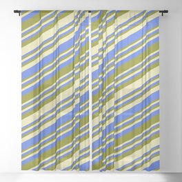 [ Thumbnail: Pale Goldenrod, Royal Blue, and Green Colored Lined Pattern Sheer Curtain ]