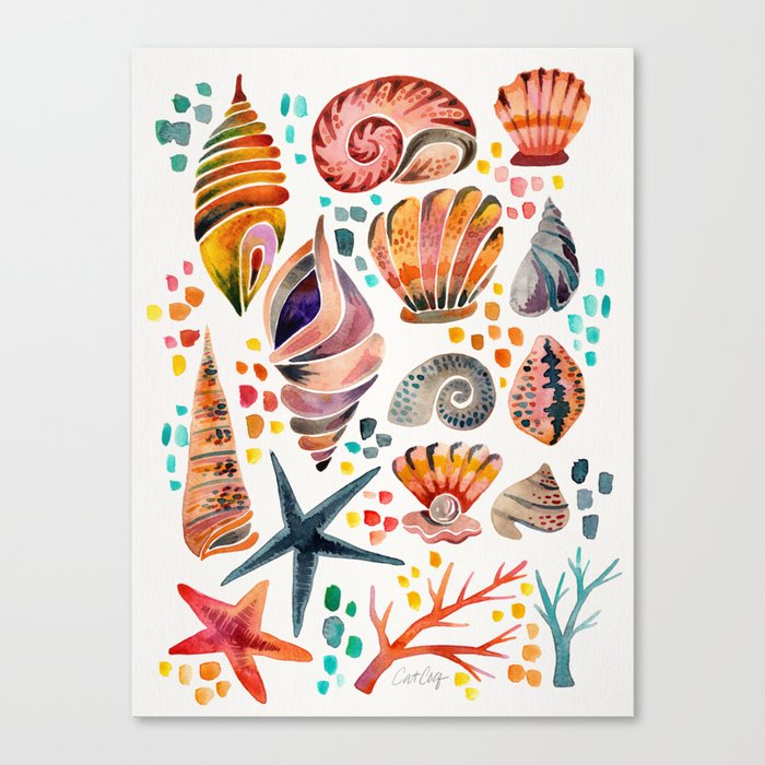 Painted Seashells – Coral & Blue Canvas Print