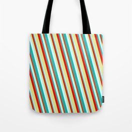 [ Thumbnail: Red, Tan, Light Cyan, and Light Sea Green Colored Lined/Striped Pattern Tote Bag ]