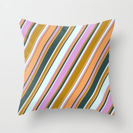 [ Thumbnail: Vibrant Dark Goldenrod, Brown, Dark Slate Gray, Light Cyan, and Plum Colored Lined Pattern Throw Pillow ]