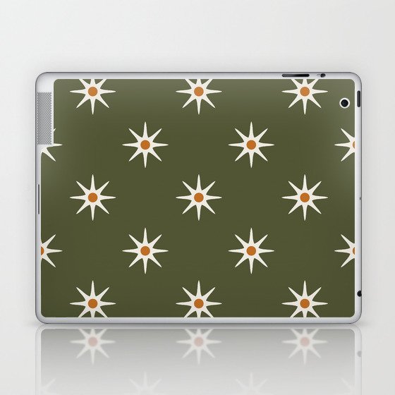 Atomic mid century retro star flower pattern in olive green background Laptop & iPad Skin