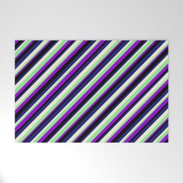[ Thumbnail: Dark Violet, Black, Midnight Blue, Beige & Light Green Colored Lined Pattern Welcome Mat ]