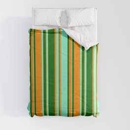 [ Thumbnail: Dark Orange, Dark Green, and Aquamarine Colored Stripes Pattern Comforter ]