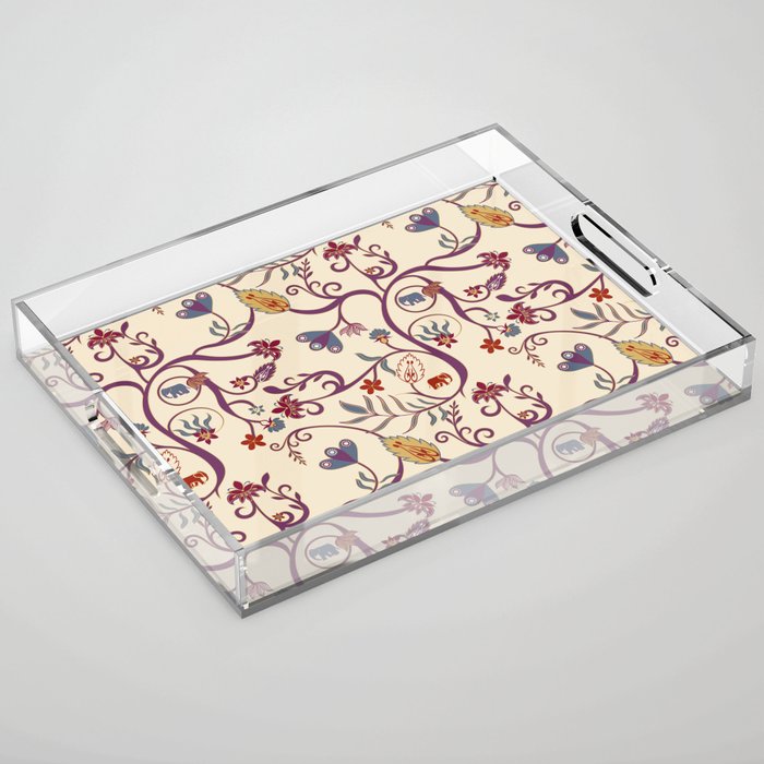 Boho Burgundy and Cream Floral Pattern Acrylic Tray
