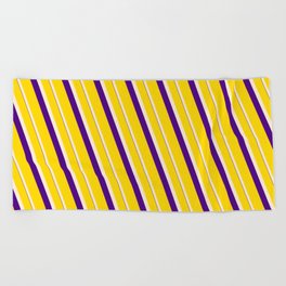 [ Thumbnail: Yellow, Beige, and Indigo Colored Lines/Stripes Pattern Beach Towel ]