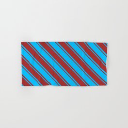 [ Thumbnail: Deep Sky Blue & Brown Colored Striped Pattern Hand & Bath Towel ]
