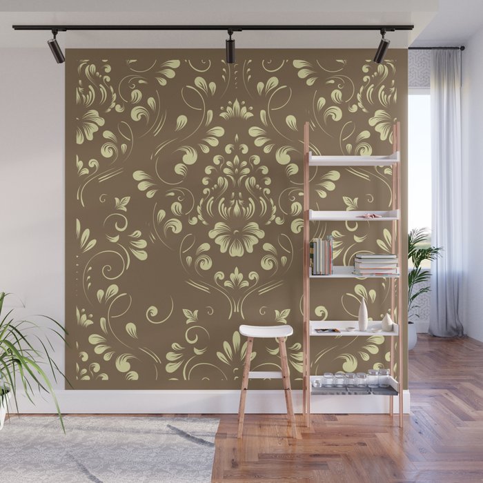 Beige Floral Damask  Pattern on  Chocolate Background  Wall Mural