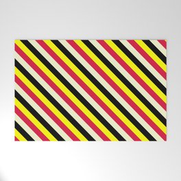 [ Thumbnail: Yellow, Crimson, Light Yellow & Black Colored Stripes/Lines Pattern Welcome Mat ]