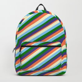 [ Thumbnail: Coral, Light Yellow, Light Sky Blue, Green & Dark Slate Blue Colored Lined/Striped Pattern Backpack ]