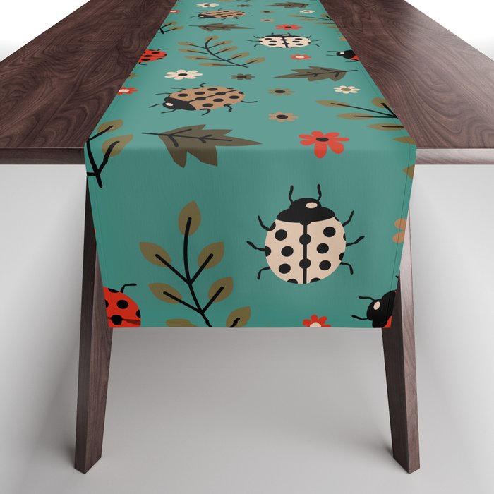 Ladybug and Floral Seamless Pattern on Green Blue Background Table Runner